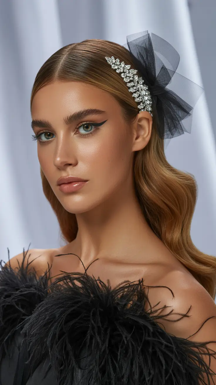 cute hairstyle 2026 Elegant Side Wave with Tulle and Crystals