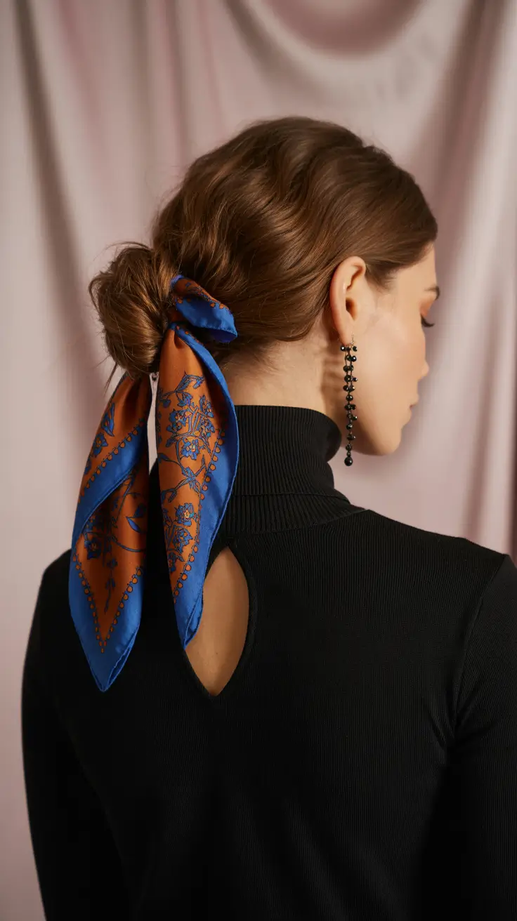 buns hairstyle 2026 Chic Low Bun with Printed Scarf