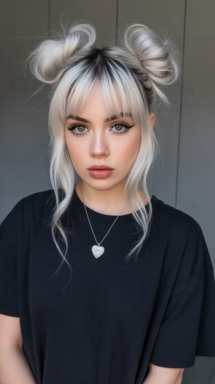 buns hairstyle 2026 Classic Twin Buns with Soft Bangs