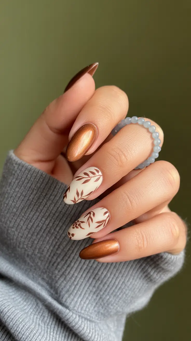 Cute Gel Nails 2026 Copper Botanical Art
