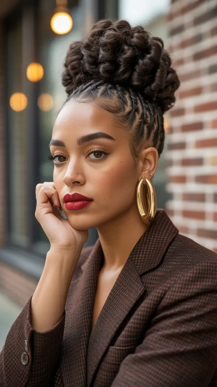 hairstyle black women 2026 Textured Top Bun with Defined Braids