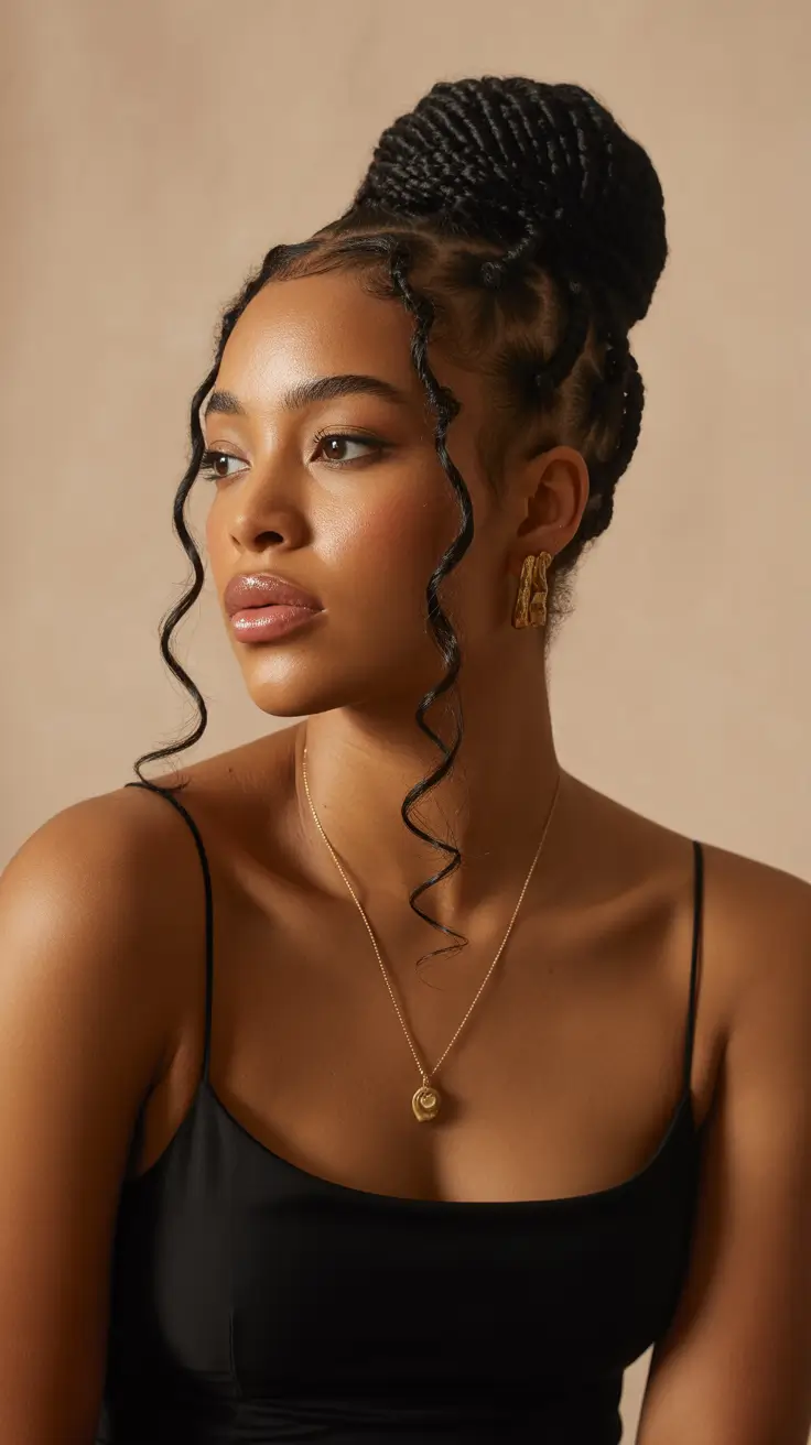 hairstyle black women 2026 Braided Crown Bun With Romantic Tendrils