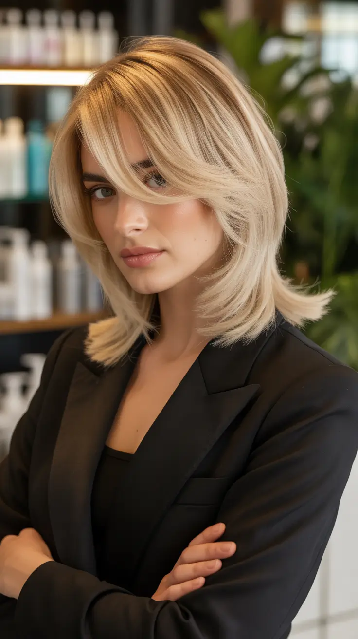 haircuts for medium hair 2026 Polished Blonde Layers with Movement