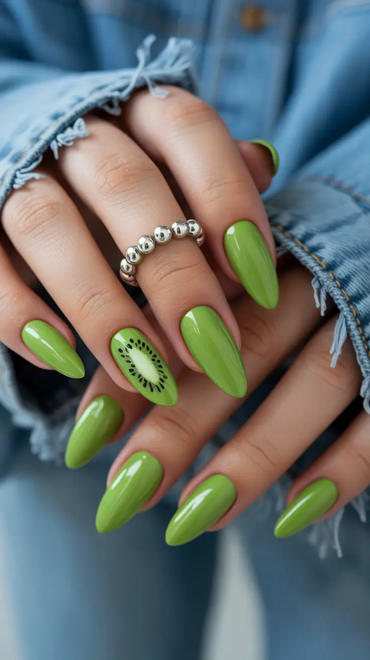 Cute nails ideas for 2026 Fresh Green Almond Nails With Playful Fruit Art