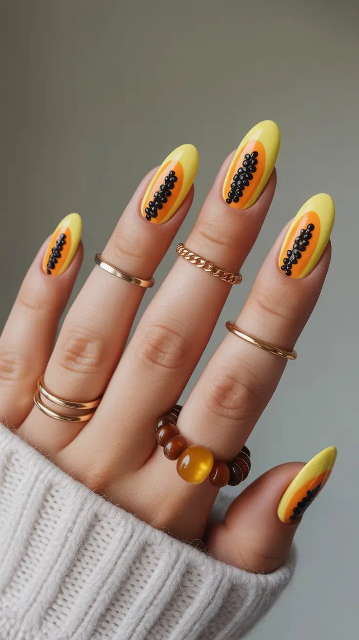 Cute nails ideas for 2026 Warm Yellow Nails With Graphic Seed Details