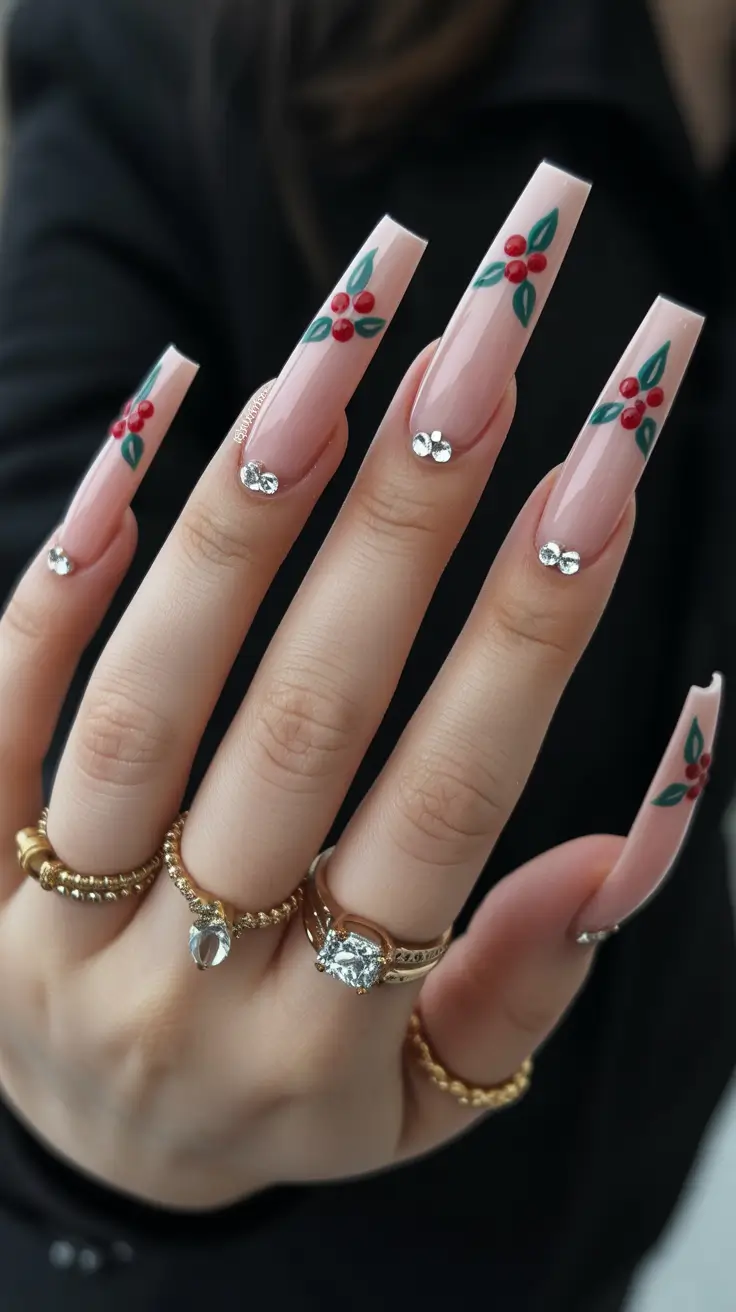 Cute nails ideas for 2026 Soft Pink Coffin Nails With Minimal Berry Details