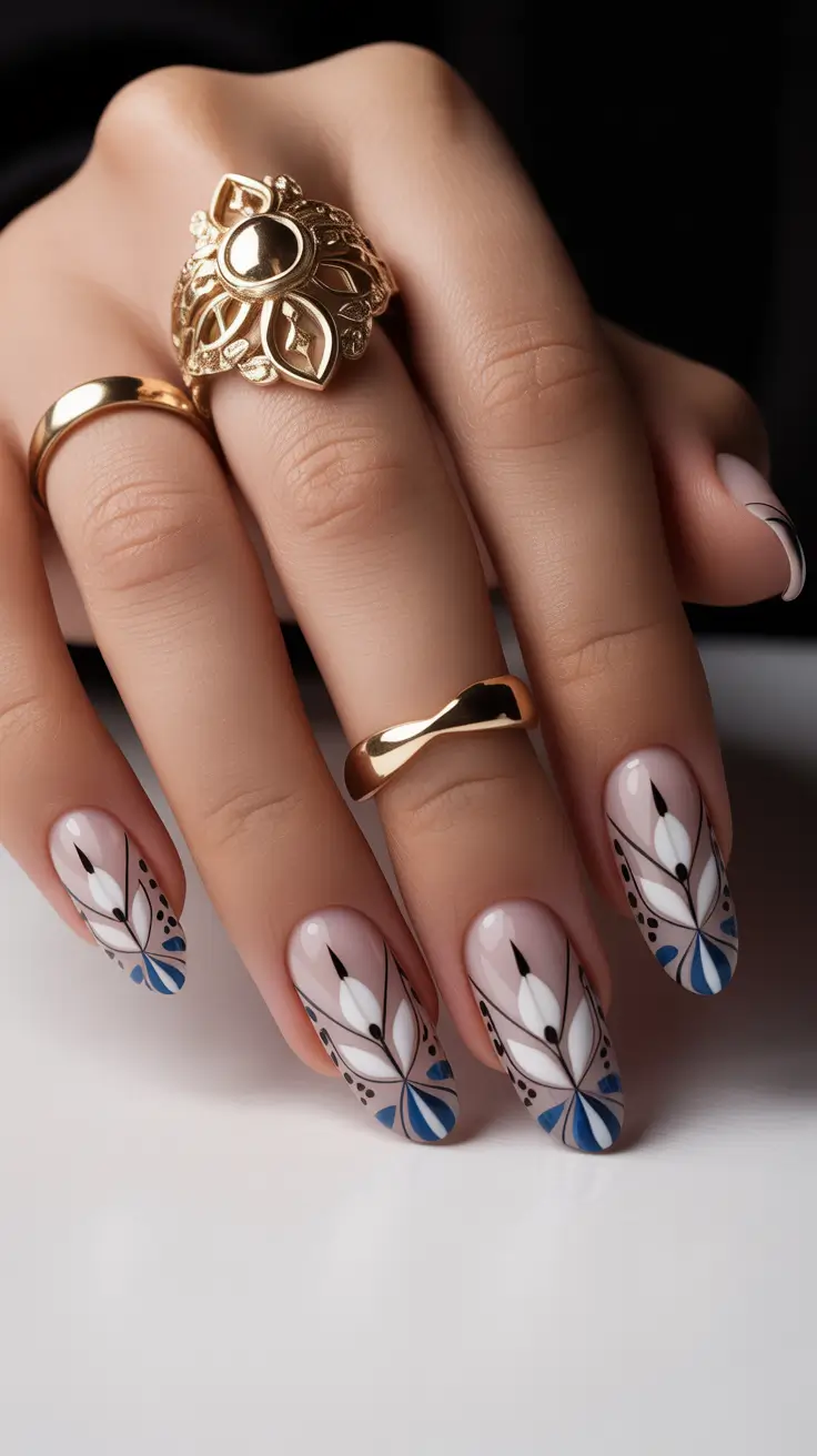 Cute nails ideas for 2026 Neutral Almond Nails With Graphic Blue Line Art