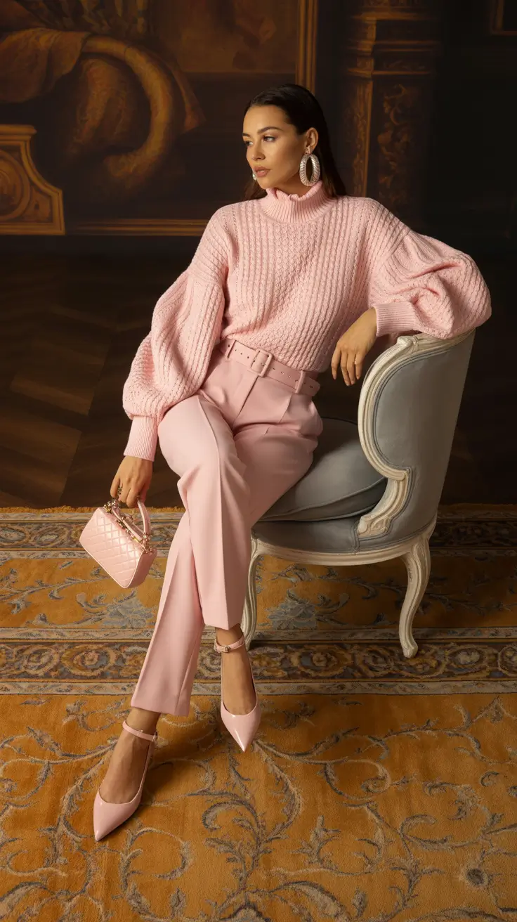 cute outfits 2026 Soft Elegance in Pink Knit and Trousers