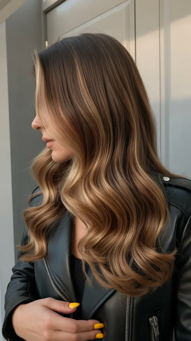 dark brown hair color 2026 Soft Waves with Honey Depth