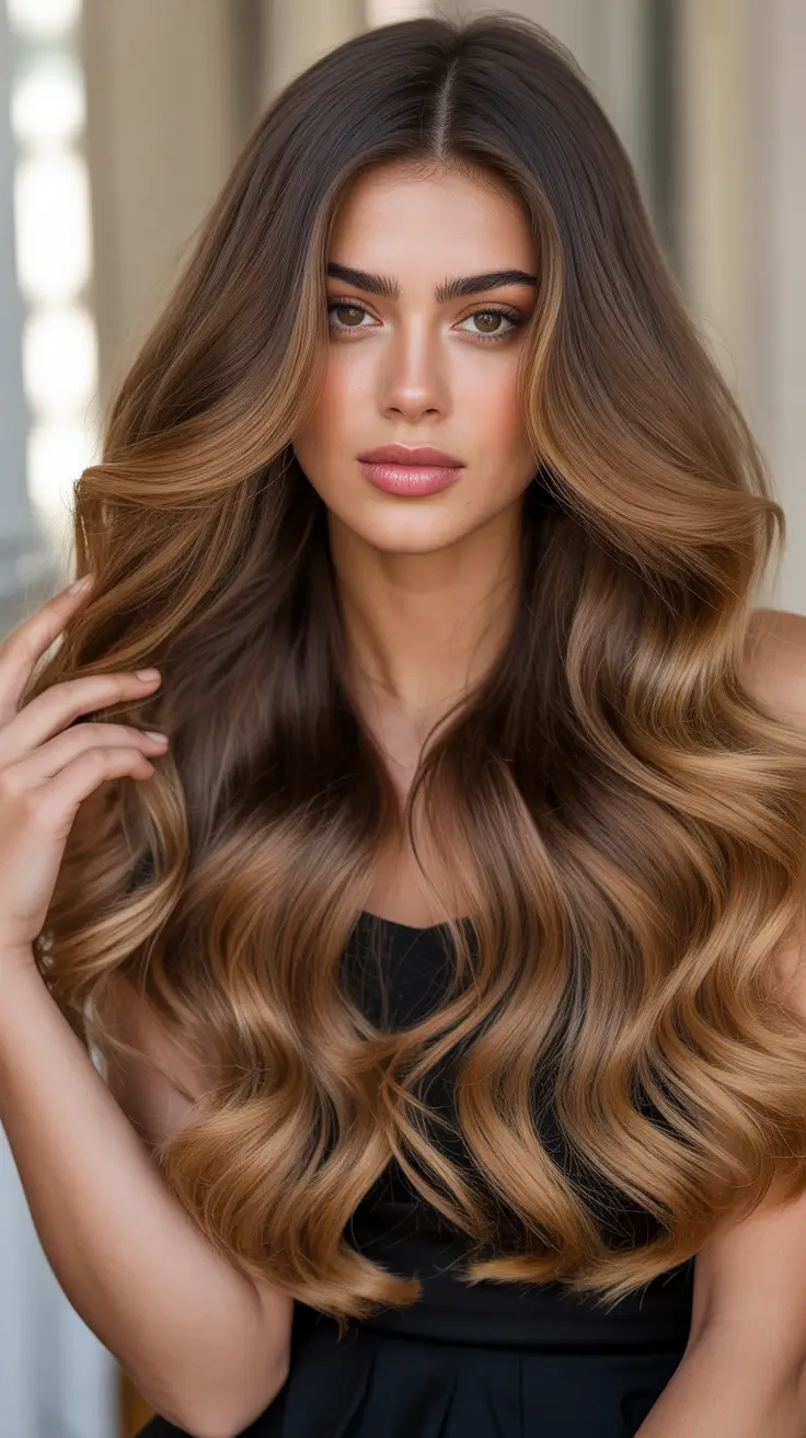 dark brown hair color 2026 Glamorous Balayage Flow