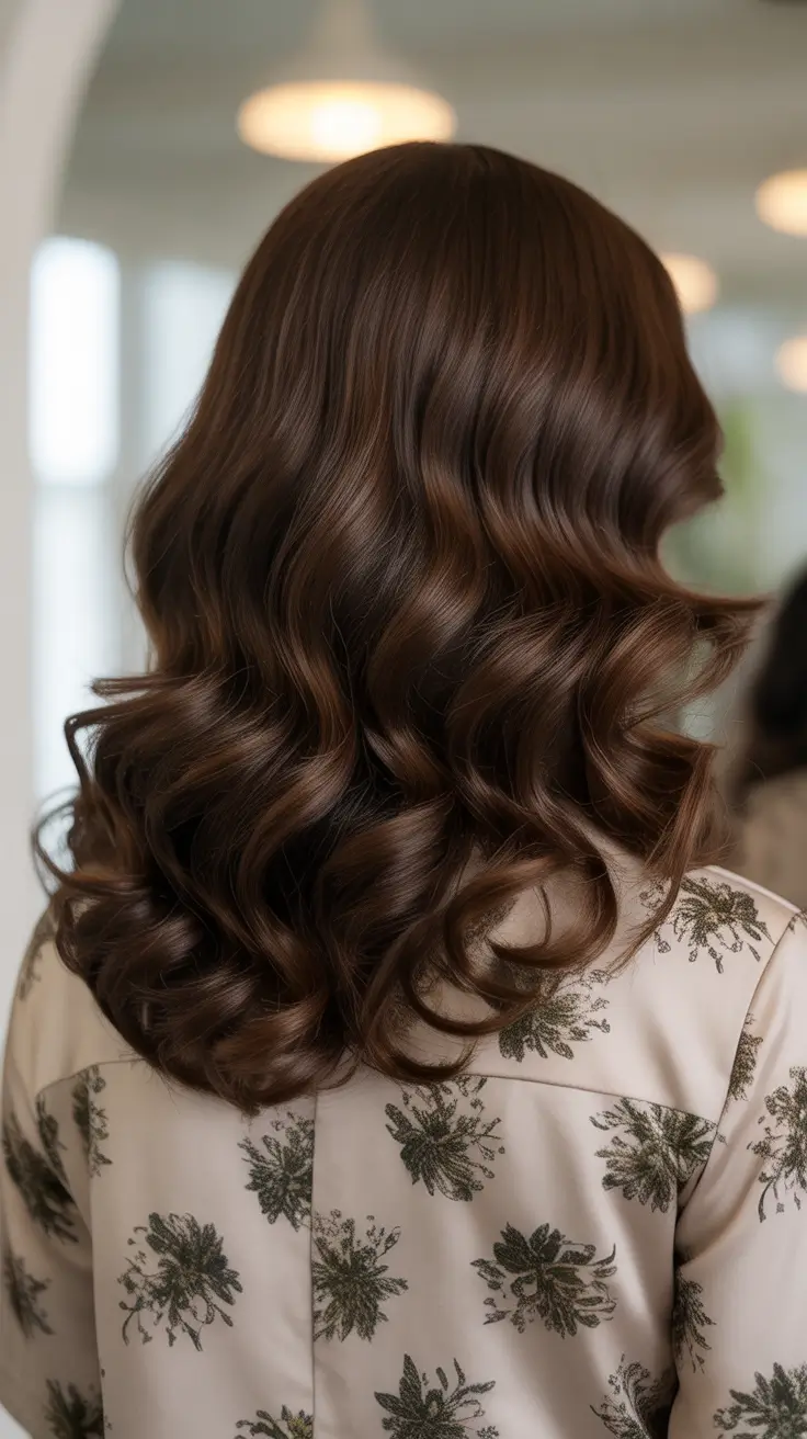dark brown hair color 2026 Mocha Gloss Curls