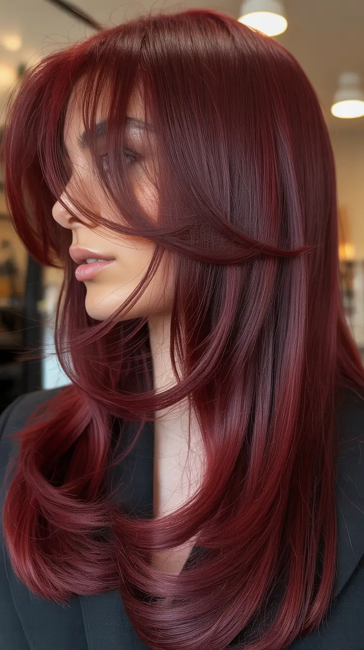 cherry red hair color 2026 Silky Straight Layers with Airy Framing