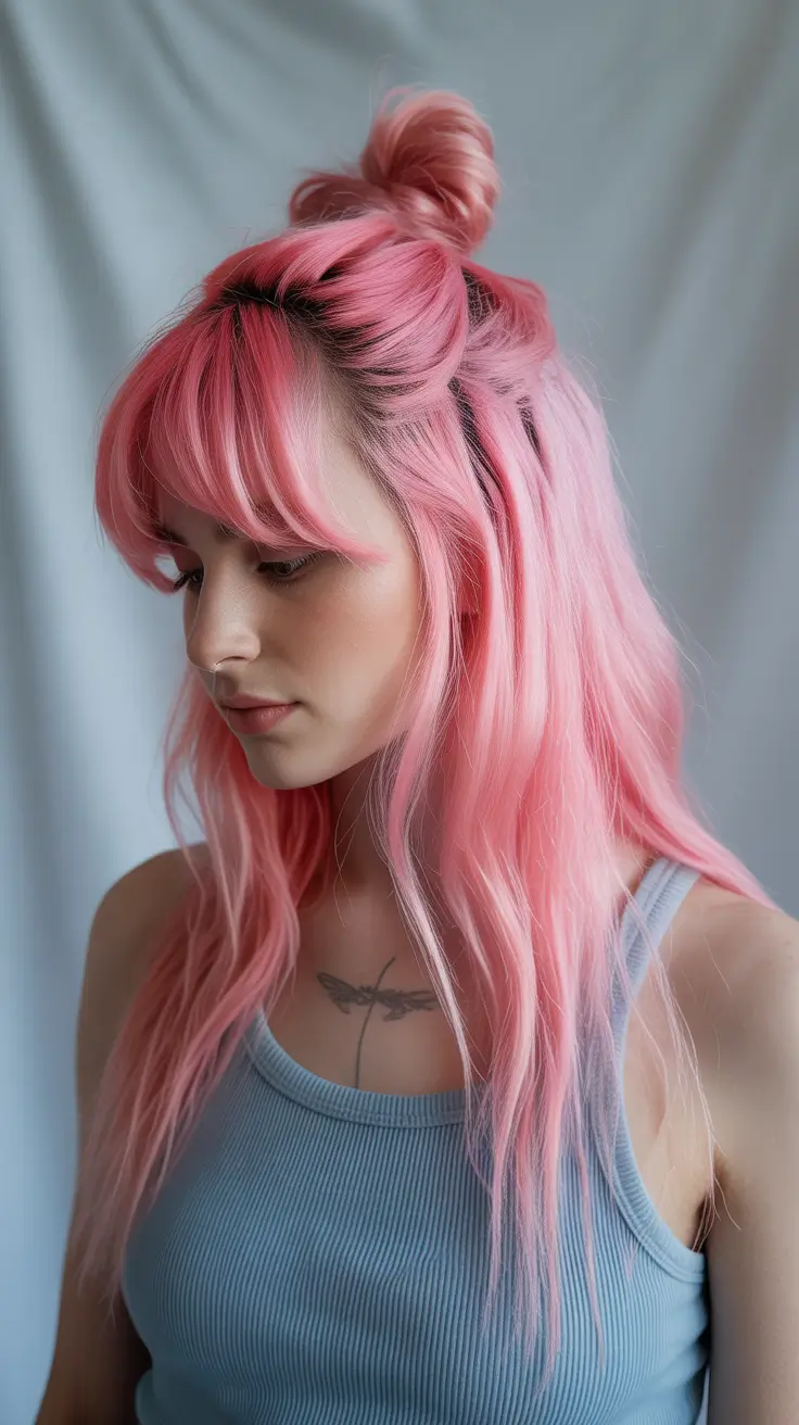 easy hairstyle 2026 Playful Pink Half Bun Energy