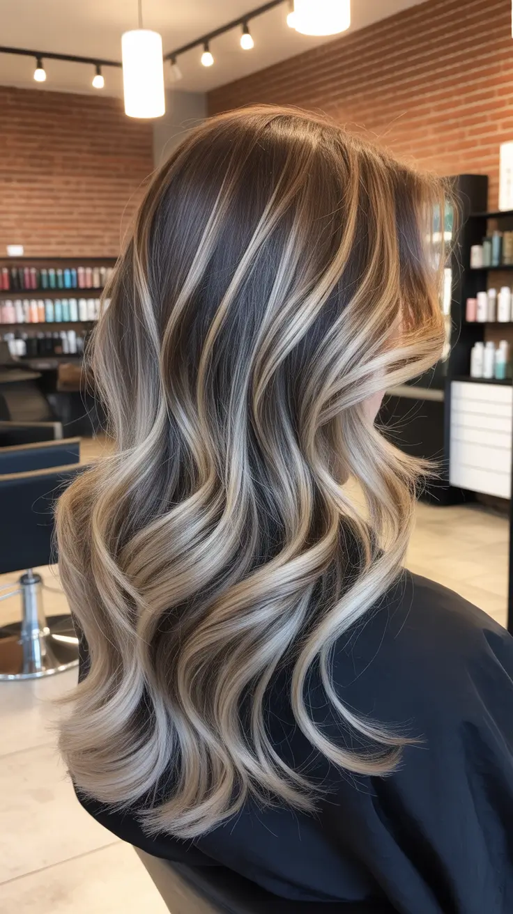 Haircut Ideas 2026 Smoky Brunette Waves with Cool Blonde Ribbons