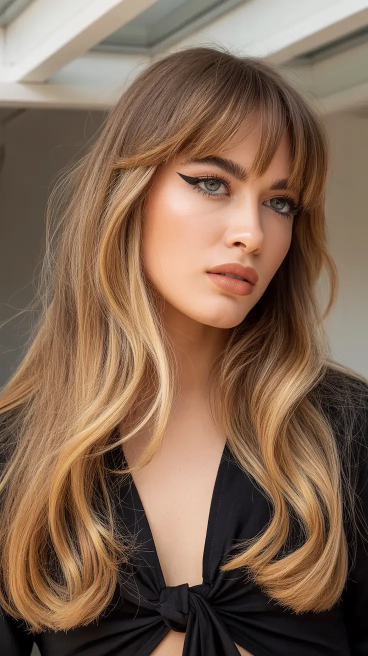 Haircut Ideas 2026 Long Honey Waves with Soft Bangs