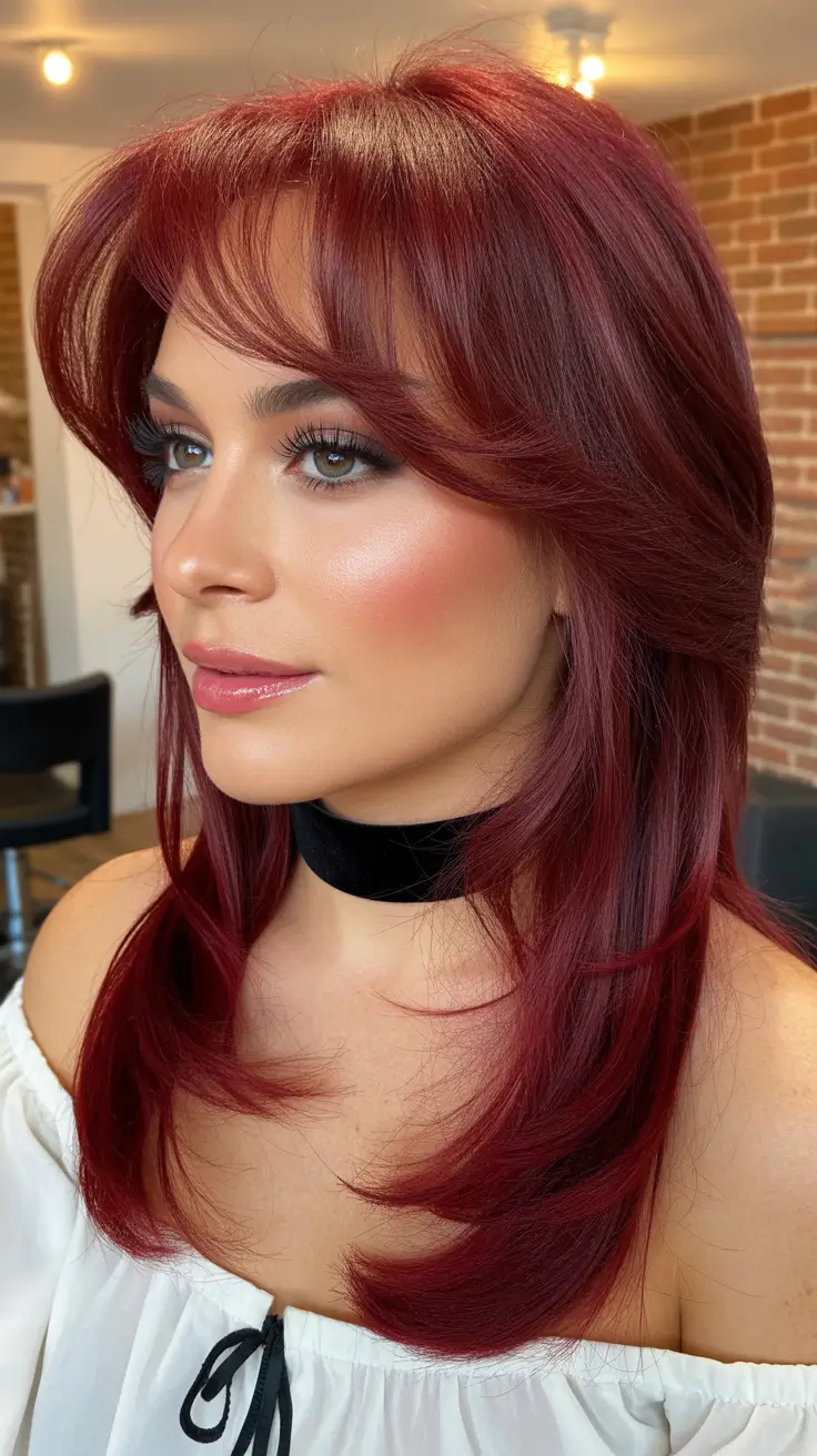 Haircut Ideas 2026 Cherry Red Layers With Soft Curtain Bangs