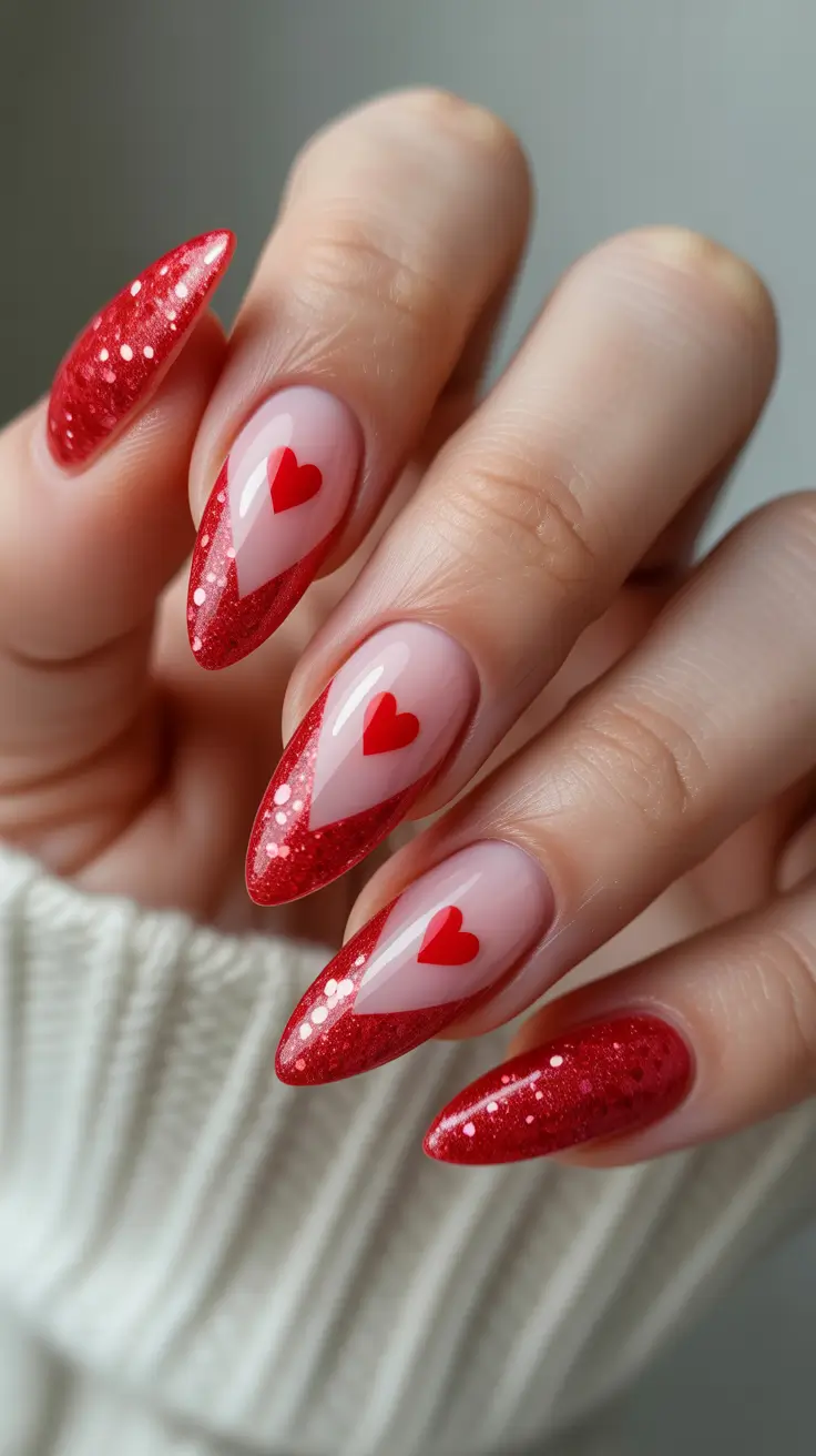 February Nails Designs 2026 Red Glitter Heart Nails