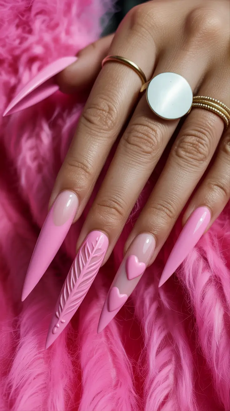 February Nails Designs 2026 Long Pink Statement Nails