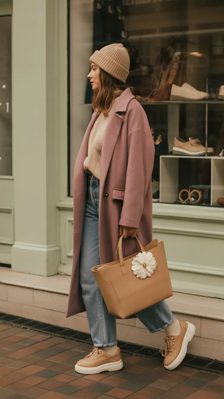 outfits ideas 2026 Soft Mauve Coat with Cozy Weekend Layers