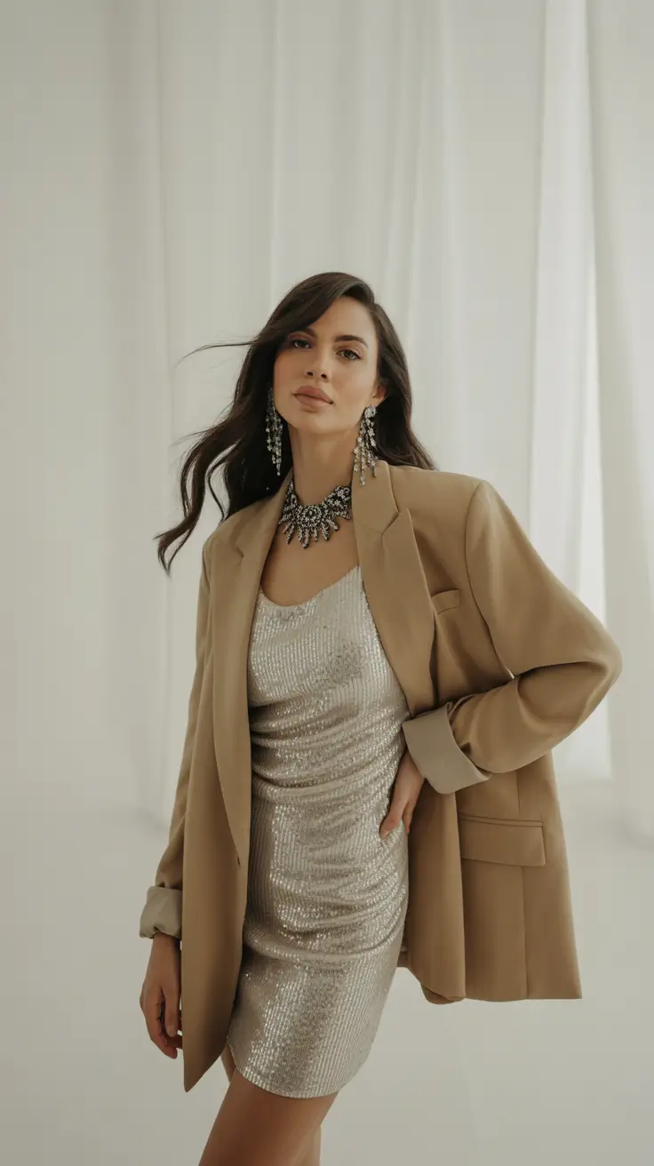 outfits ideas 2026 Neutral Blazer Over Sparkle for Easy Night Glam
