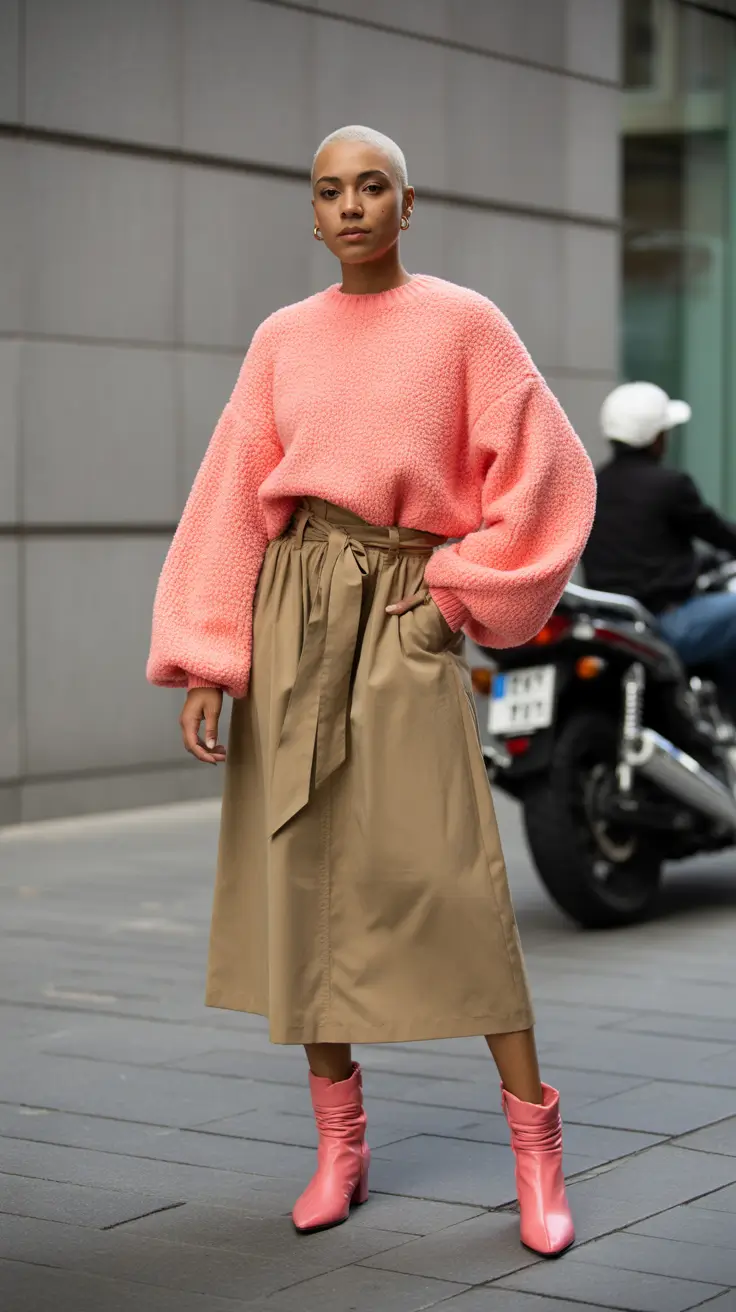 outfits ideas 2026 Pink Sweater and Trench Skirt for City Softness