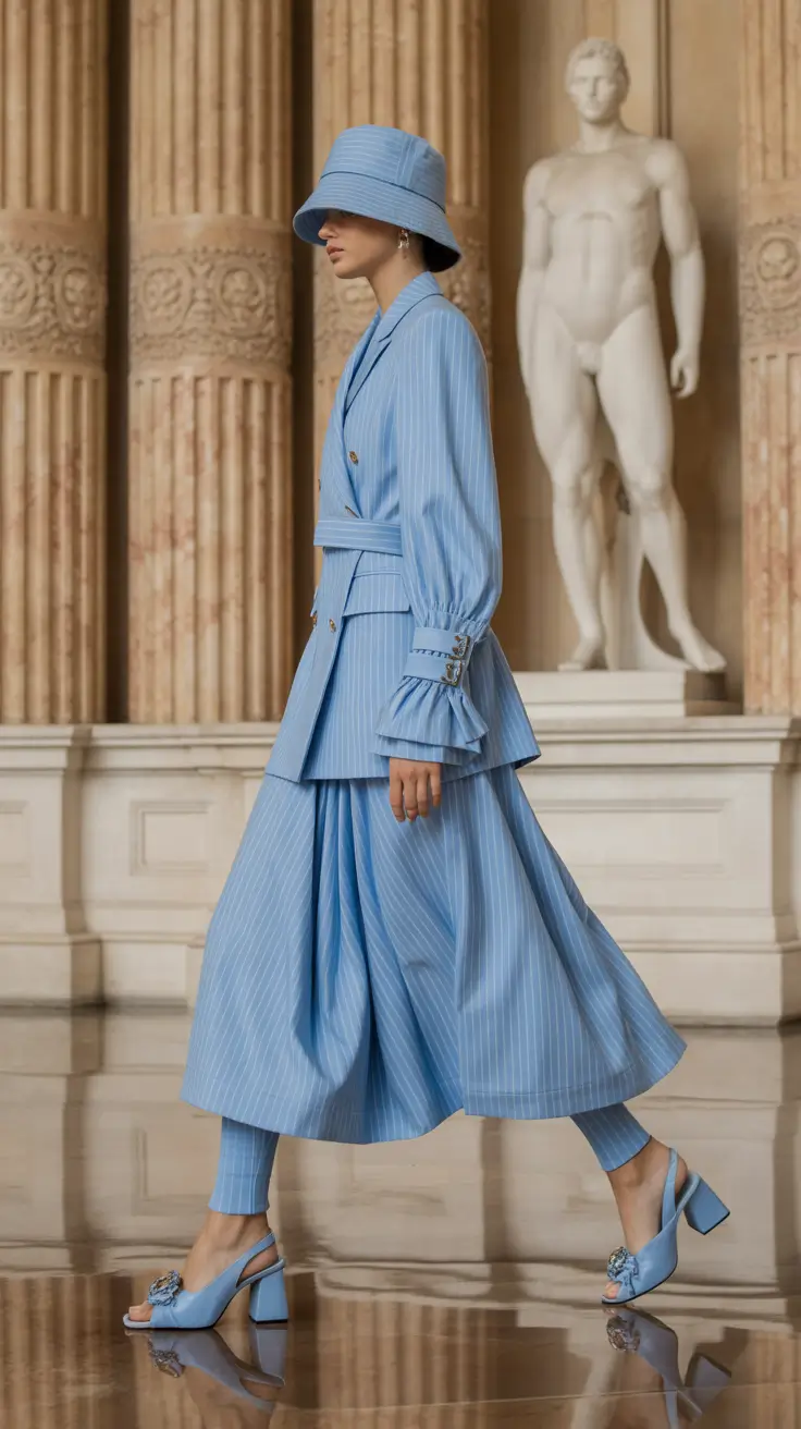 outfits ideas 2026 Sky Blue Suiting with a Dramatic Midi Skirt