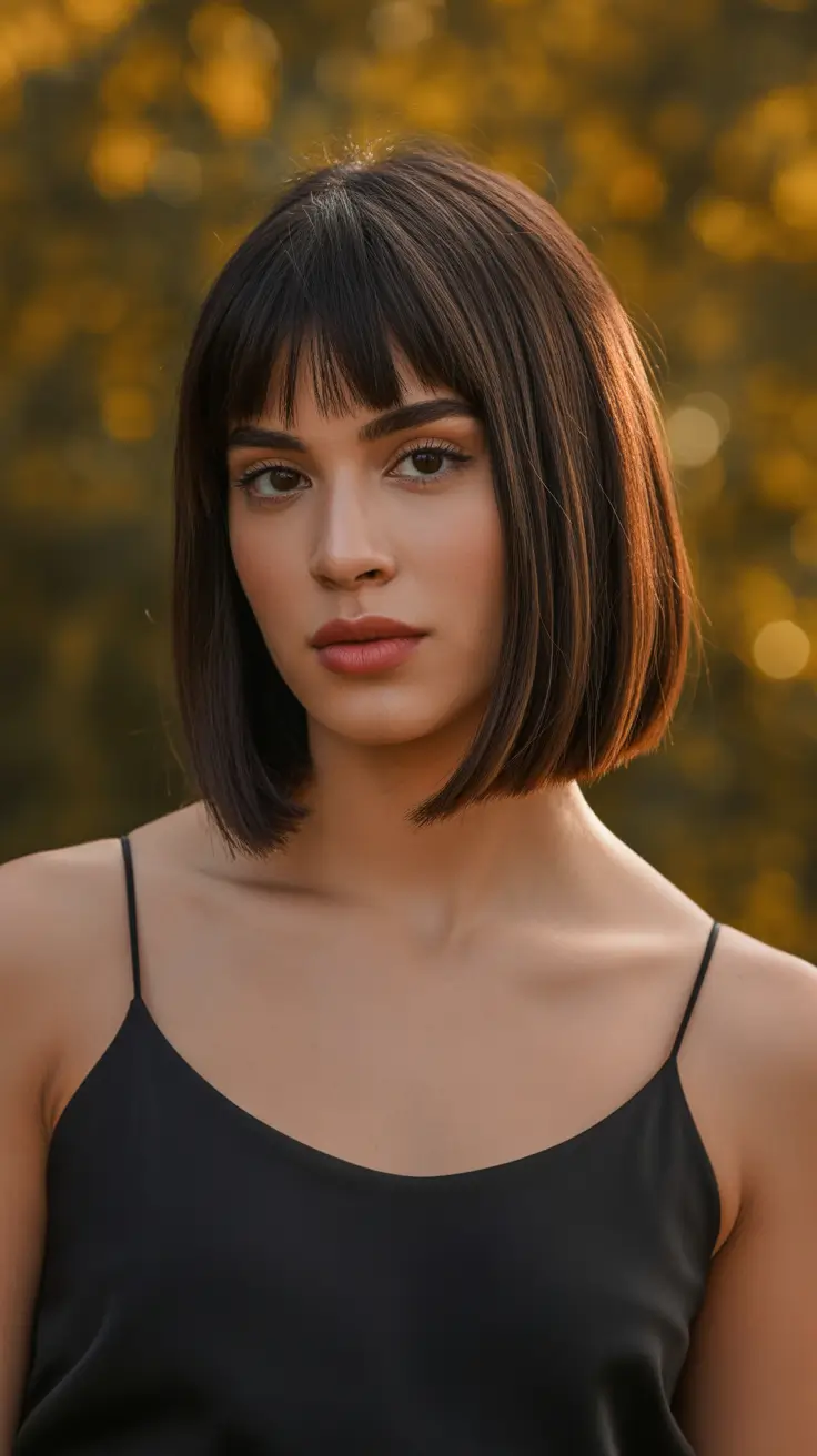 haircuts for thin fine hair 2026 Short Brunette Bob with Micro Fringe