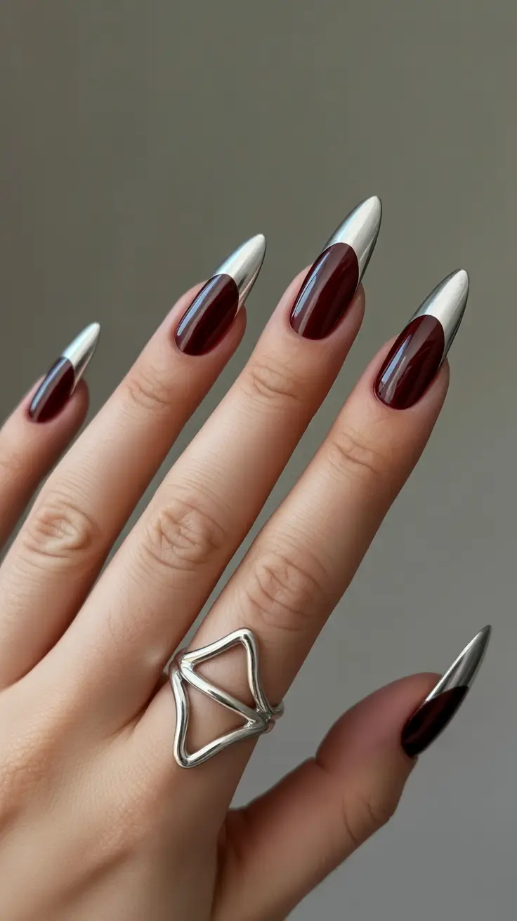 French Nail Designs 2026 Burgundy Chrome