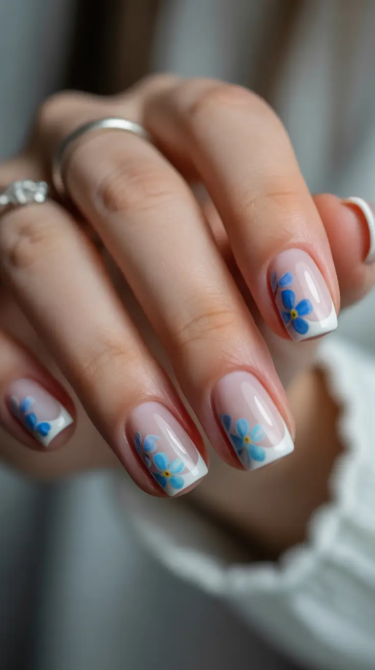 French Nail Designs 2026 Short French With Blue Flowers