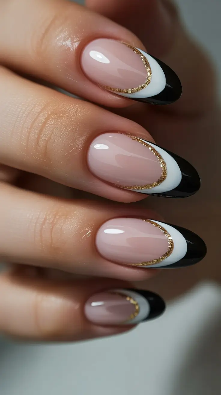 French Nail Designs 2026 Black White Gold French