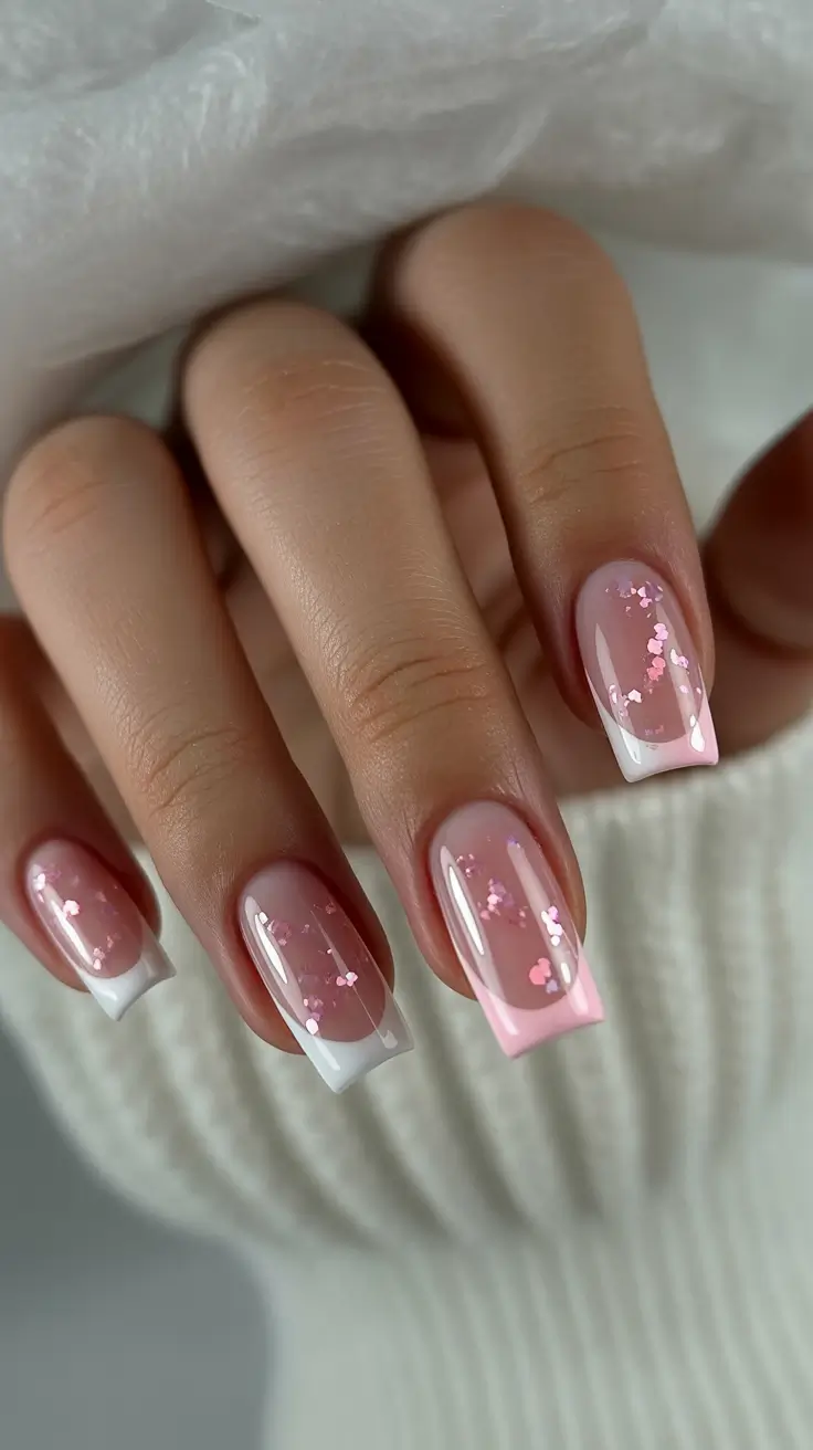 French Nail Designs 2026 Pink Glitter French