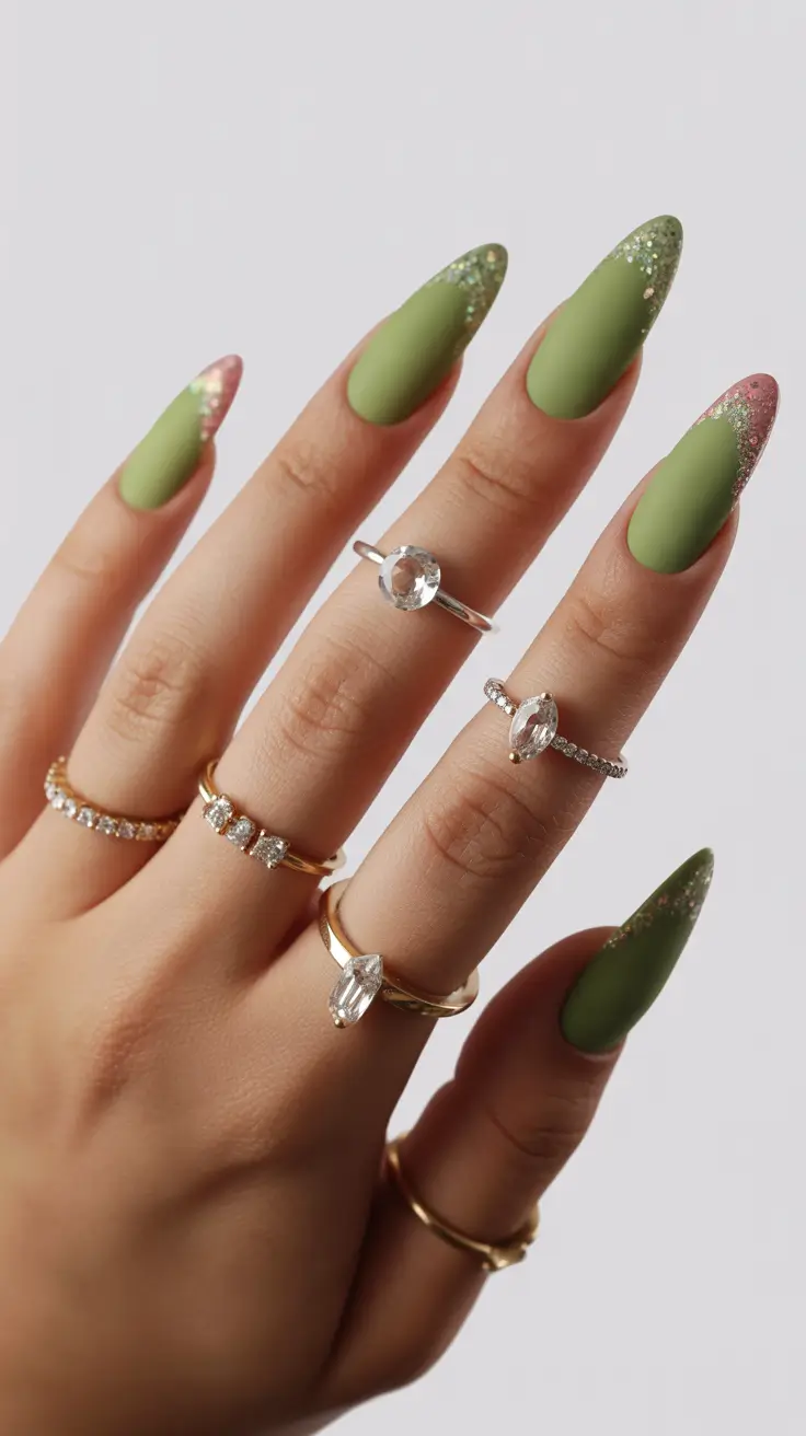 Glam Stiletto Nails 2026 Matte Green Stiletto With Glitter