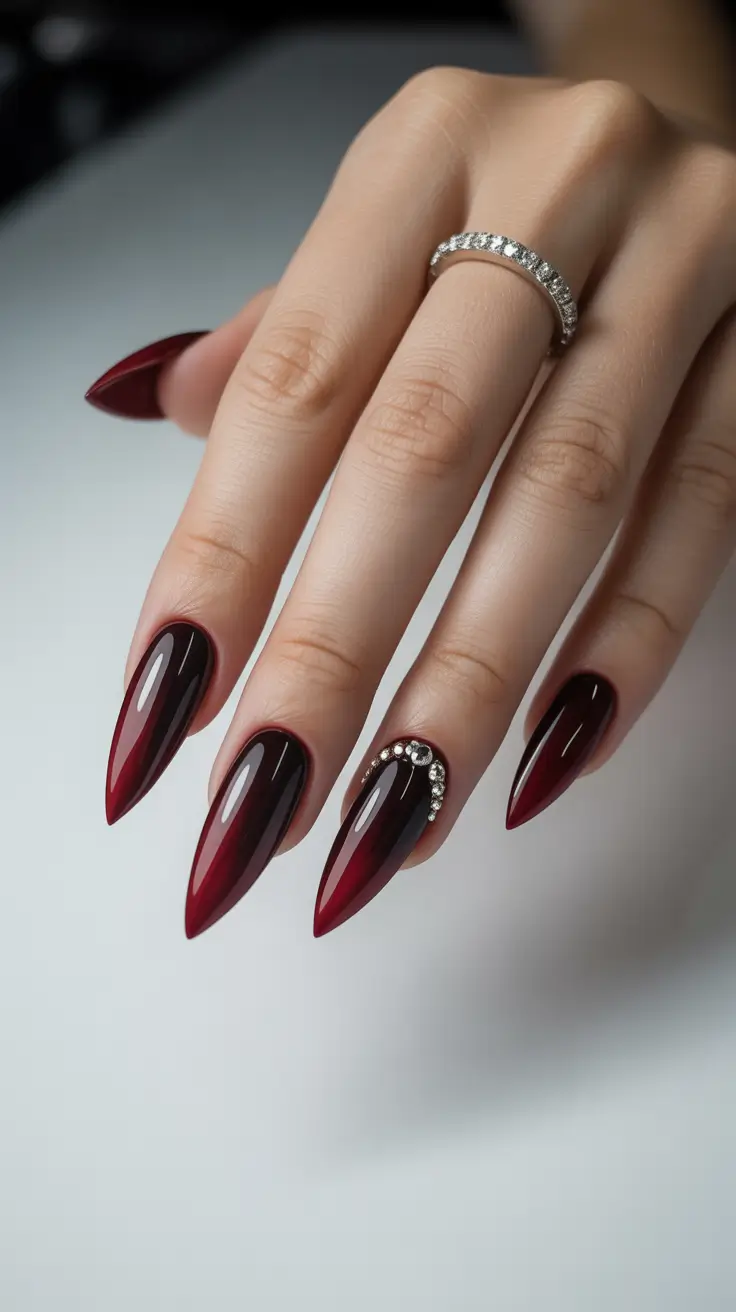 Glam Stiletto Nails 2026 Burgundy Stiletto With Crystal