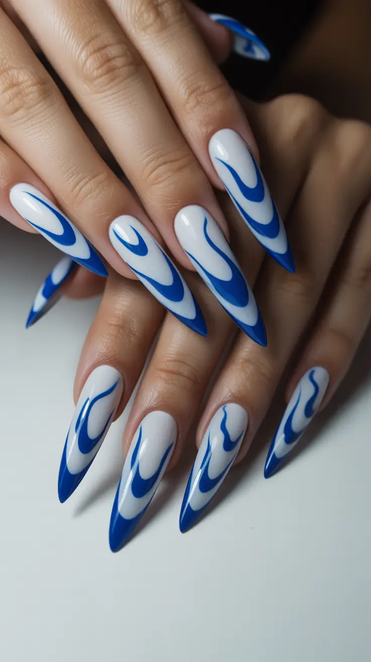Glam Stiletto Nails 2026 Graphic Blue and White Wave Stiletto Nails