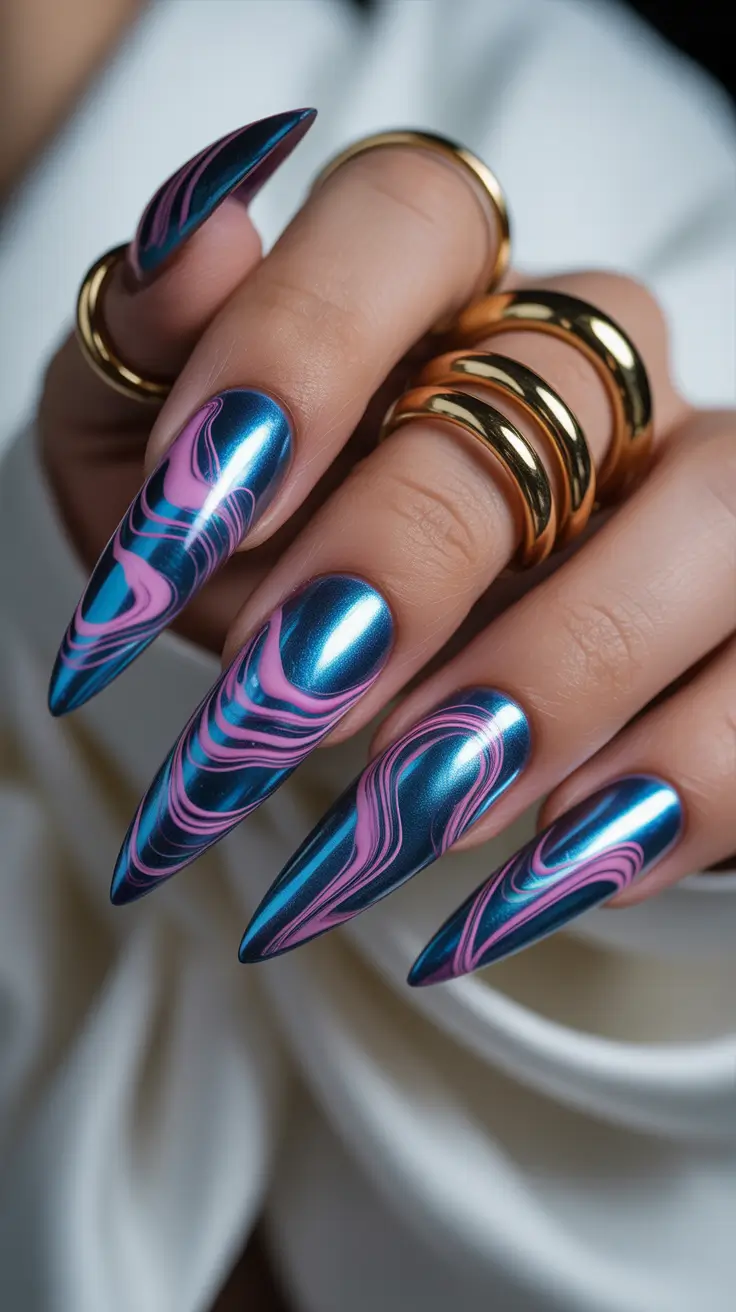 Glam Stiletto Nails 2026 Chrome Blue Stiletto Nails With Pink Marble Lines
