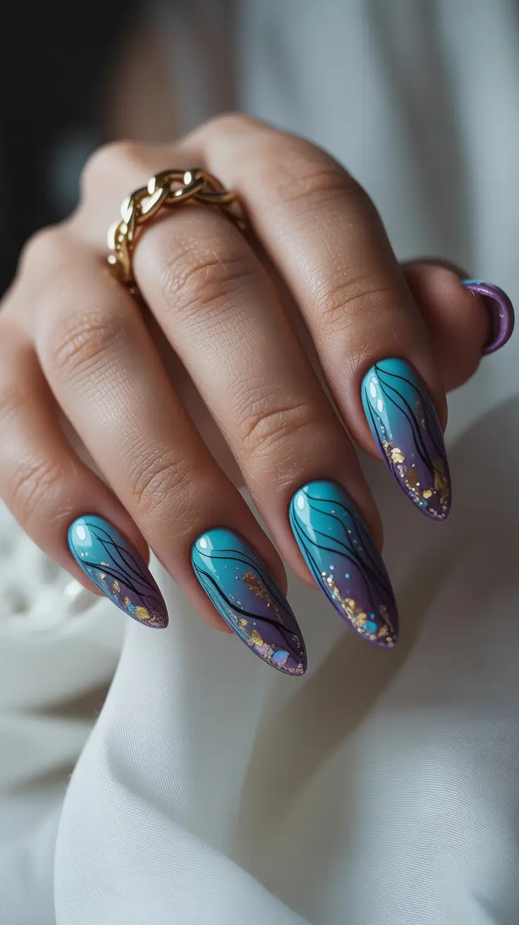 Glam Stiletto Nails 2026 Teal and Violet Stiletto Nails With Gold Flecks