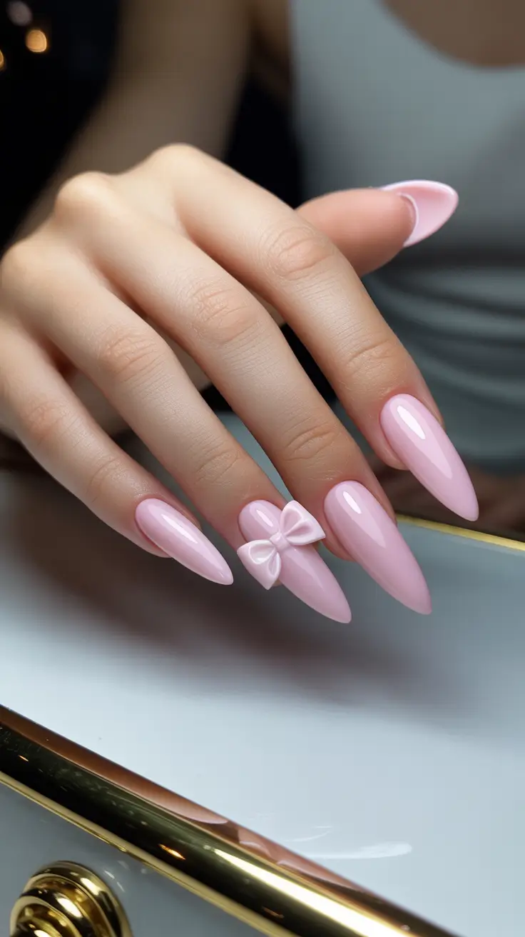 Glam Stiletto Nails 2026 Soft Pink Stiletto Nails With a Minimal Bow Accent