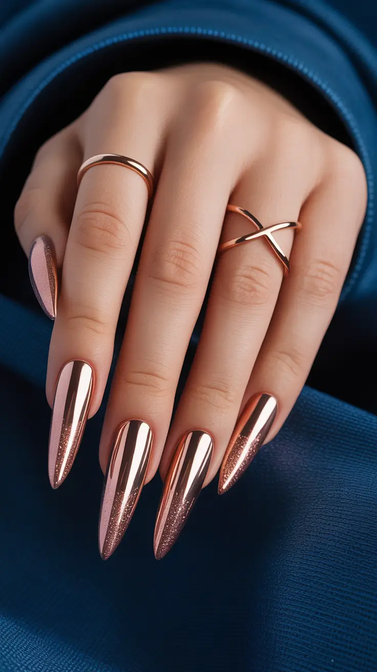 Glam Stiletto Nails 2026 Rose Gold Chrome Elegance