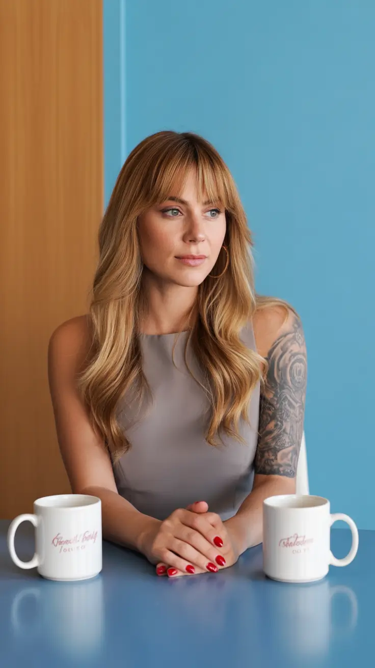 Hair Color Ideas to Look Younger 2026 Golden Sand Blonde with Bangs and Confidence