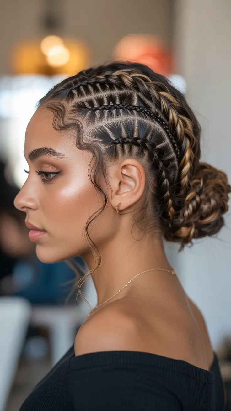 modern braided updo with soft curls hairstyle black women 2026