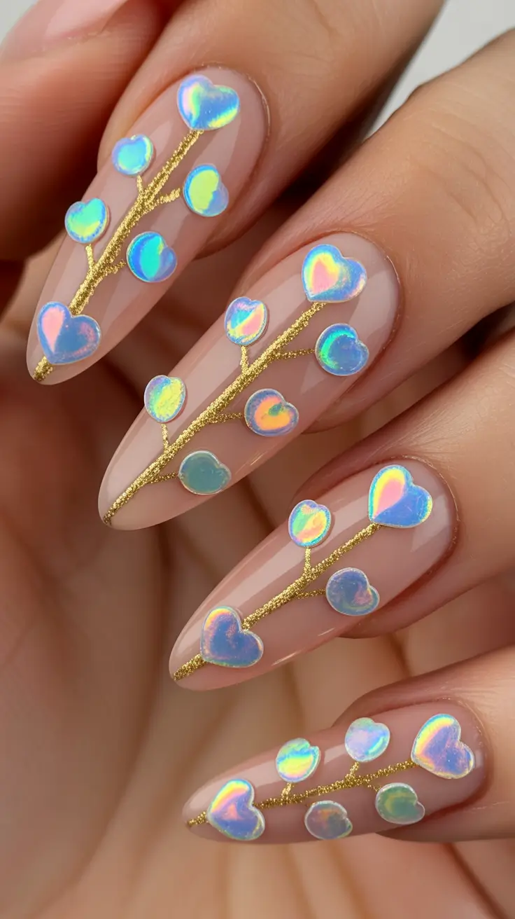 holiday nails 2026 Iridescent Hearts with Golden Branch Details