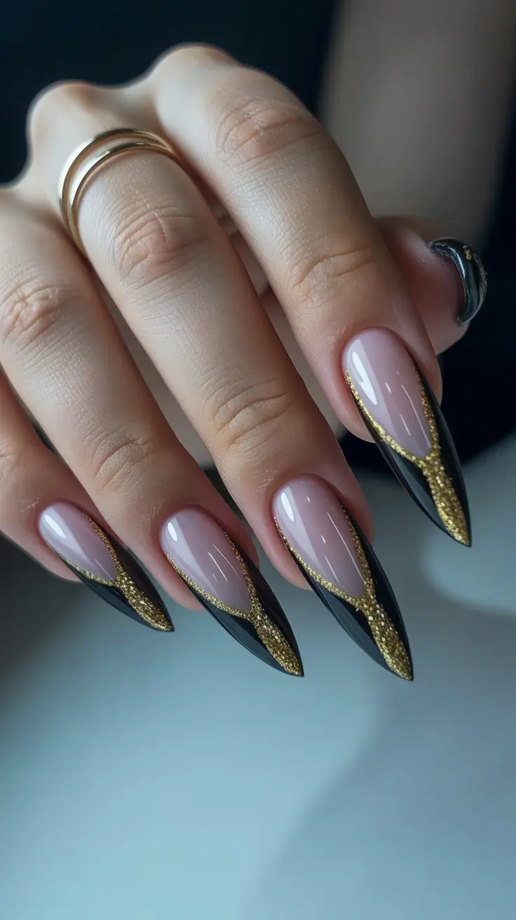holiday nails 2026 Black and Gold V French Glam