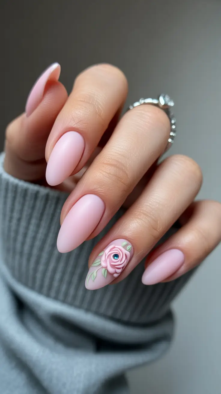 holiday nails 2026 Blush Pink Nails with a 3D Rose Accent