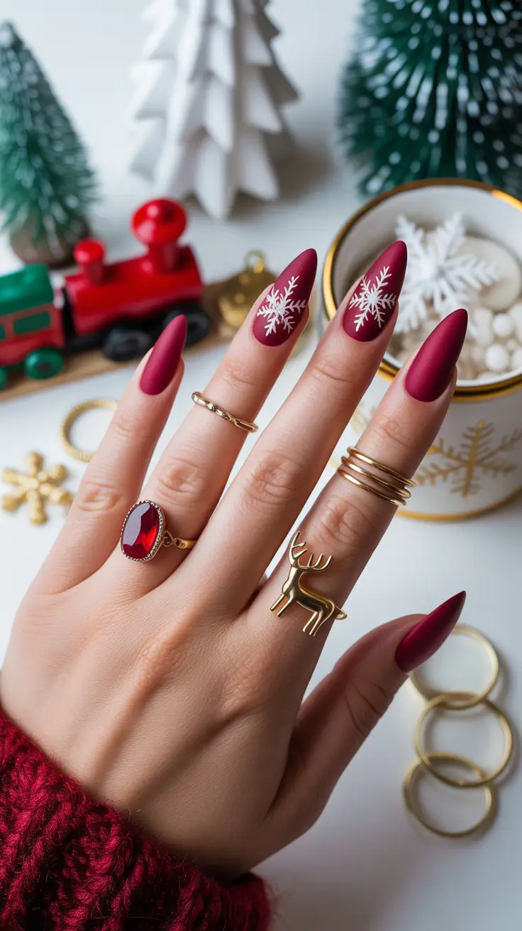 Holiday Nails Inspiration 2026 Burgundy Snowflake Art