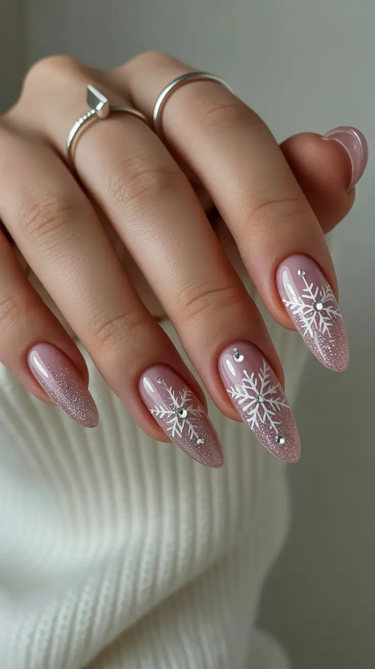 Holiday Nails Inspiration 2026 Soft Pink Snowflake Nails