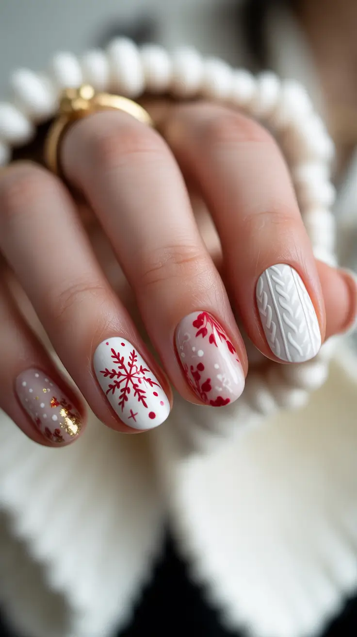 Holiday Nails Inspiration 2026 Classic White And Red Holiday Mix Nails