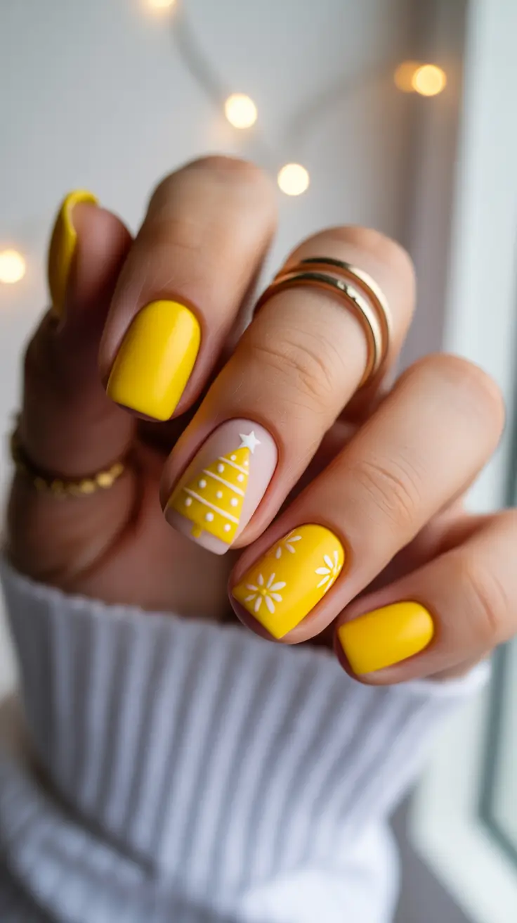 holiday nails 2026 Playful Yellow Holiday Nails with a Graphic Touch
