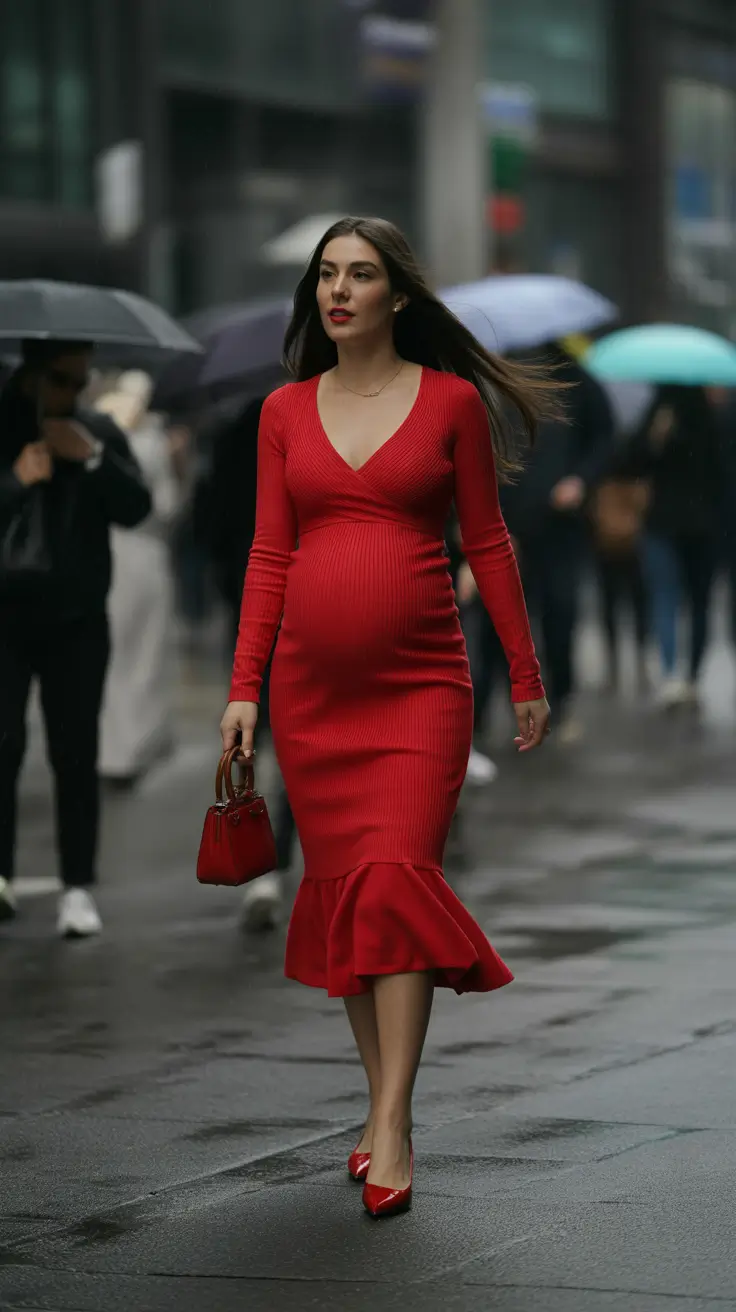 pregnancy outfits 2026 Red Rhythm: Bold Fall/Winter Confidence
