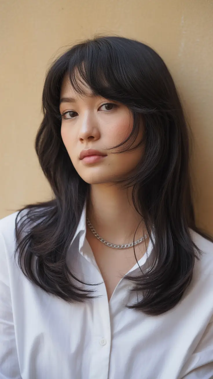 haircuts for medium hair 2026 Long Layers with Curtain Bangs