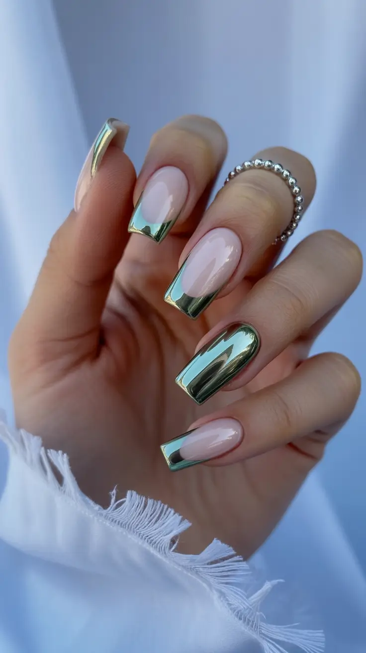 Metallic Chrome Nails 2026 Green Chrome French Tip